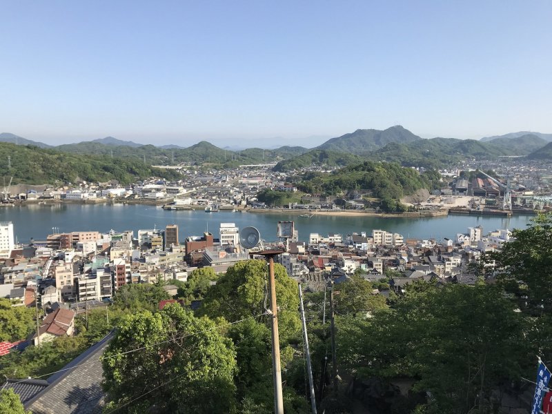 A view of the Onomichi Channel and Mukaishima Island from the main hall of Senkoji Temple