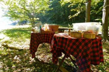The adorable picnic tables laden with food and coffee.