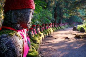 A row of Jizo statues at Kanmangafuchi abyss, Nikko