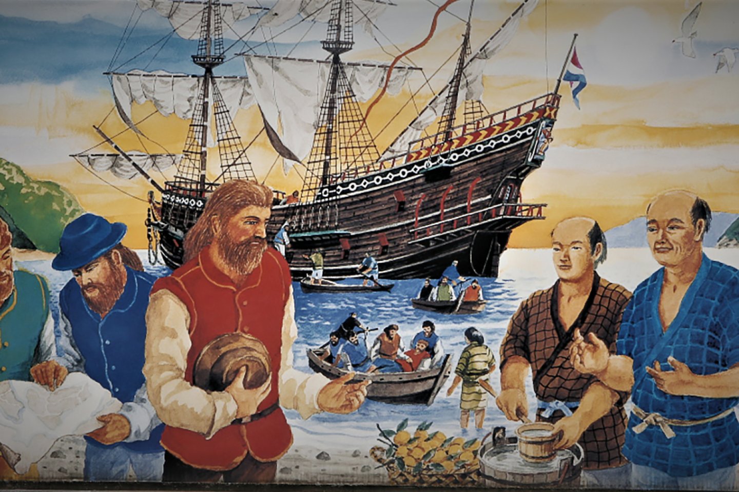 The arrival of the ship Liefde at the coast of Kyushu. William Adams wears a blue hat and clothes, and Jan Joosten red clothes. It was their first encounter with the Japanese in 1600.
