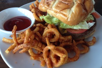 <p>The double decker chesseburger comes with sweet potato curly fries</p>