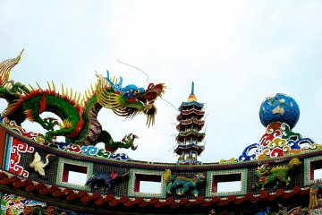 Decorations of a dragon, tower, and the earth