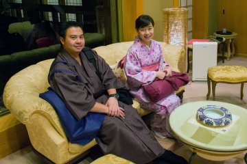 Both men and women can rent traditional Japanese clothes, this couple did so before a traditional&nbsp;Japanese meal.