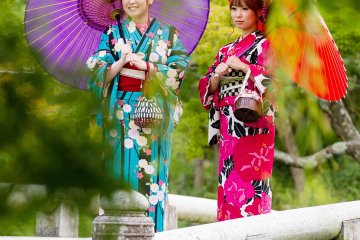 Models wearing kimonos rented from Yume Kyoto in Maruyama Park, Kyoto