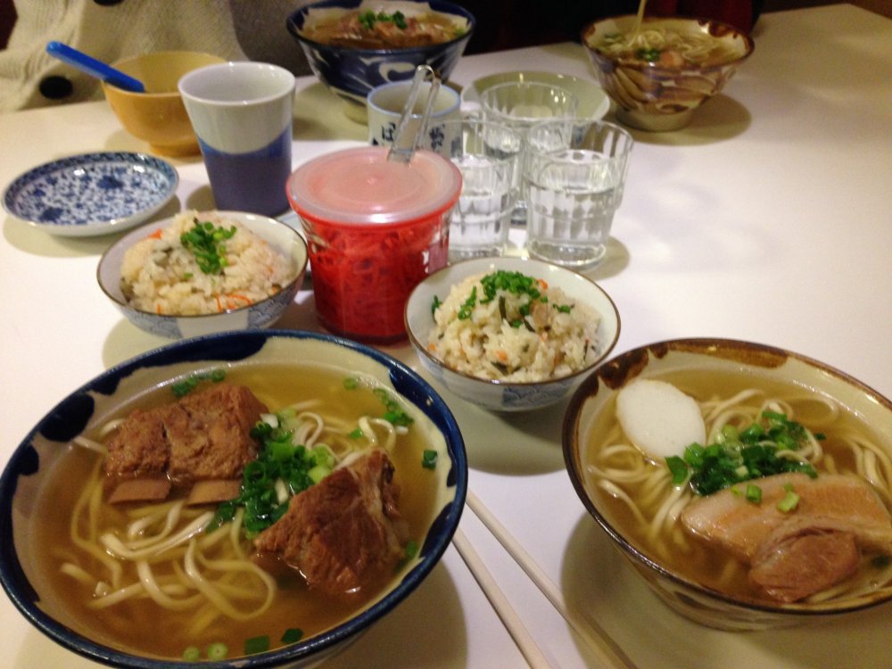 Our family of four dined for 2,240 yen; we&nbsp;ordered&nbsp;two small Okinawa Soba bowls for our young boys, a large pork rib soba for my wife,&nbsp;a large soft soki soba for myself and enjoyed the complimentary wheat tea and water&nbsp;