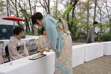 Beautifully attired in elegant kimono, one of the hostesses of the ceremony serves tea gracefully