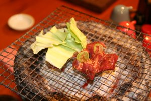 Then you cook on the shichirin at your own pace. The meat is slightly seasoned with home-made sauce, but you can add some flavorful sauce or spicy soy bean-paste.