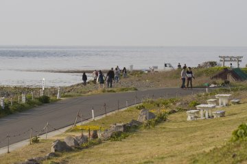 <p>From the lighthouse, it&#39;s just a few steps to Yumesakinami&nbsp;Park (the grassy area) and Yumegasaki Cape (in the distance)</p>